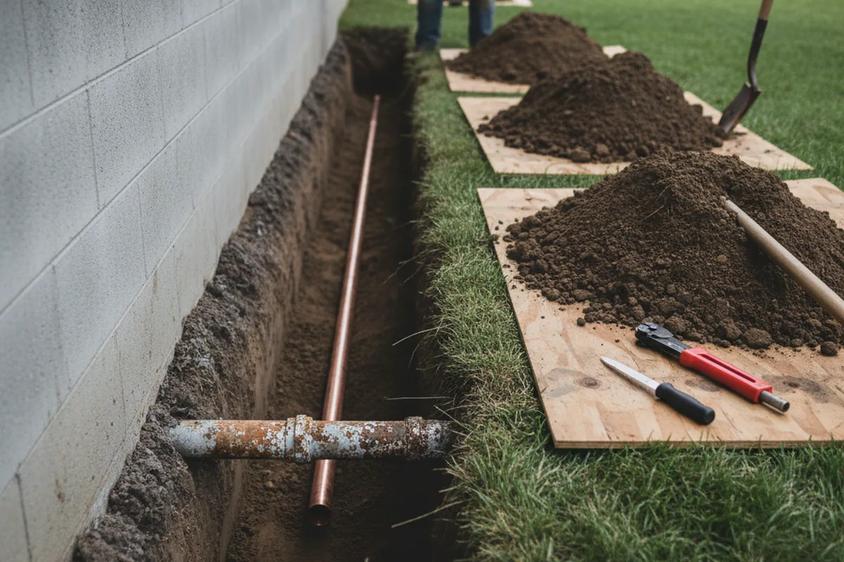 Excavated water line trench during Water Heater Repair in Marcola